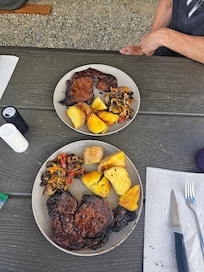 Our grilled steak dinner outside on the picnic table!