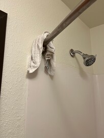 Dirty cleaning rag found hanging in the shower.