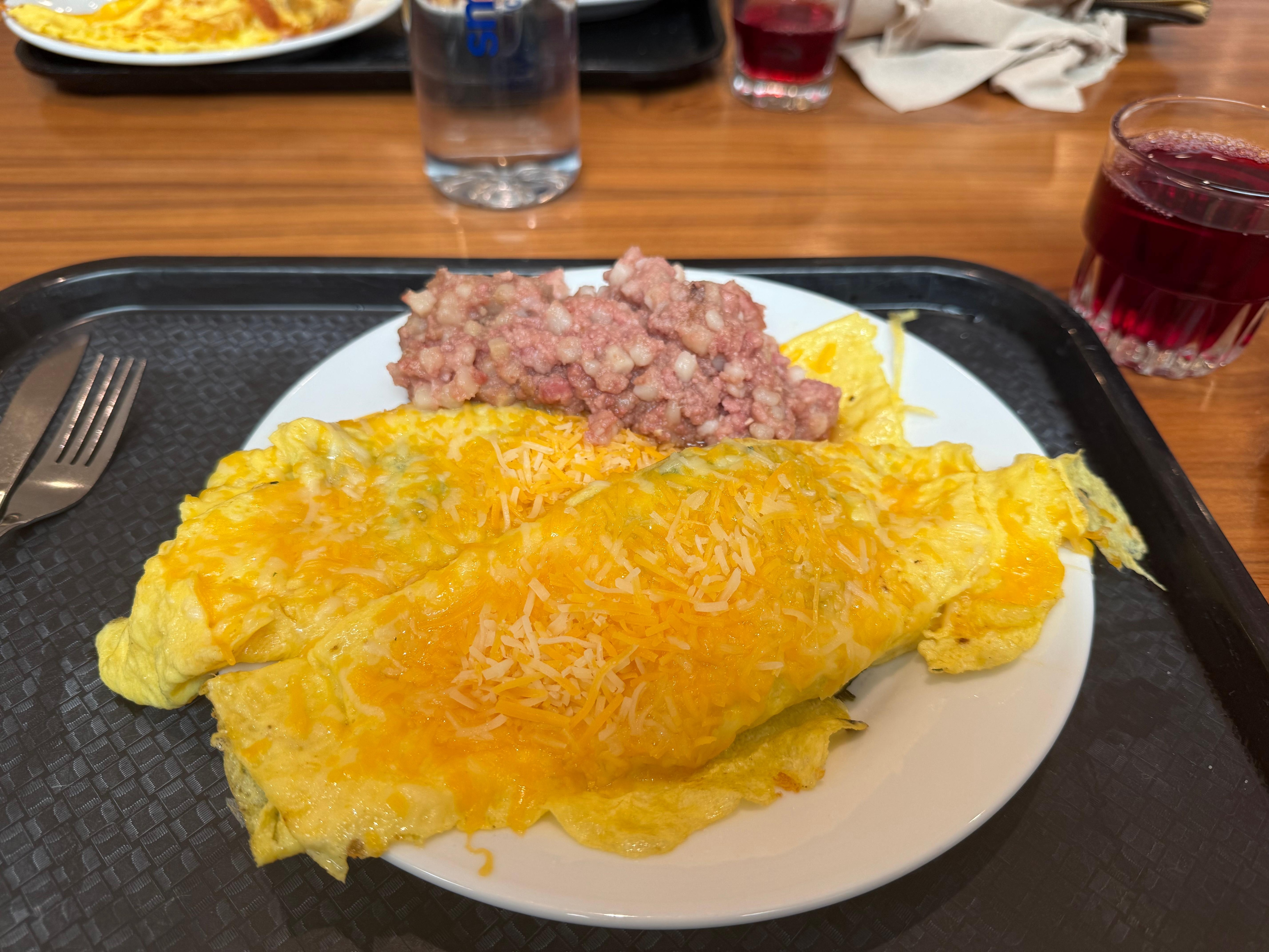Made to order omelet and corned beef hash at breakfast.