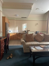 Kitchen, dining and lounge. Really tall ceilings and fab decorative architraves