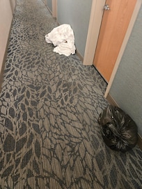 Dirty towels laundry trash on the floor.