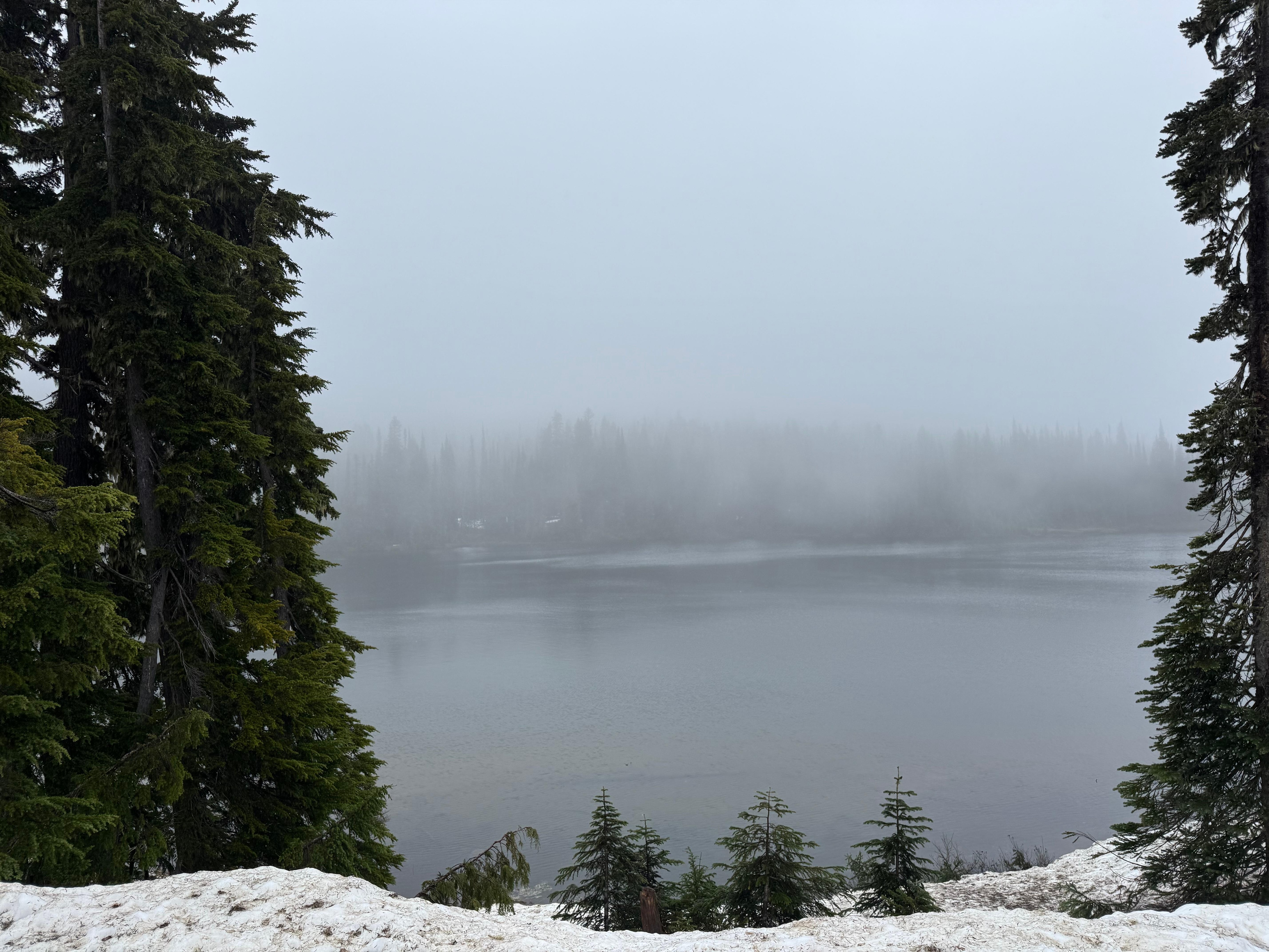 Reflection Lake on a cold rainy day in June. Stay for 3 nights due to spotty weather!
