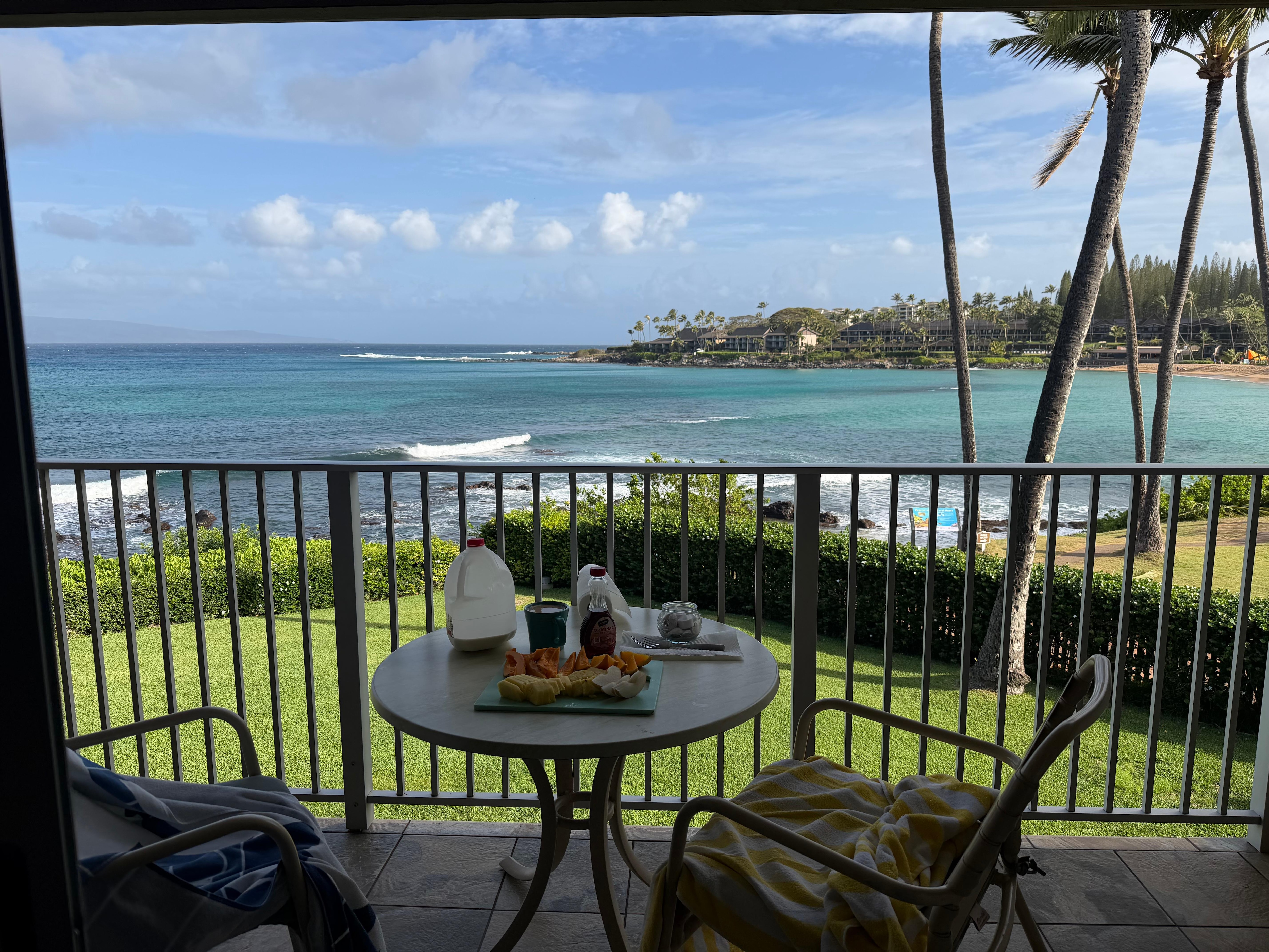 The lanai is a great place for breakfast and whale watching. 