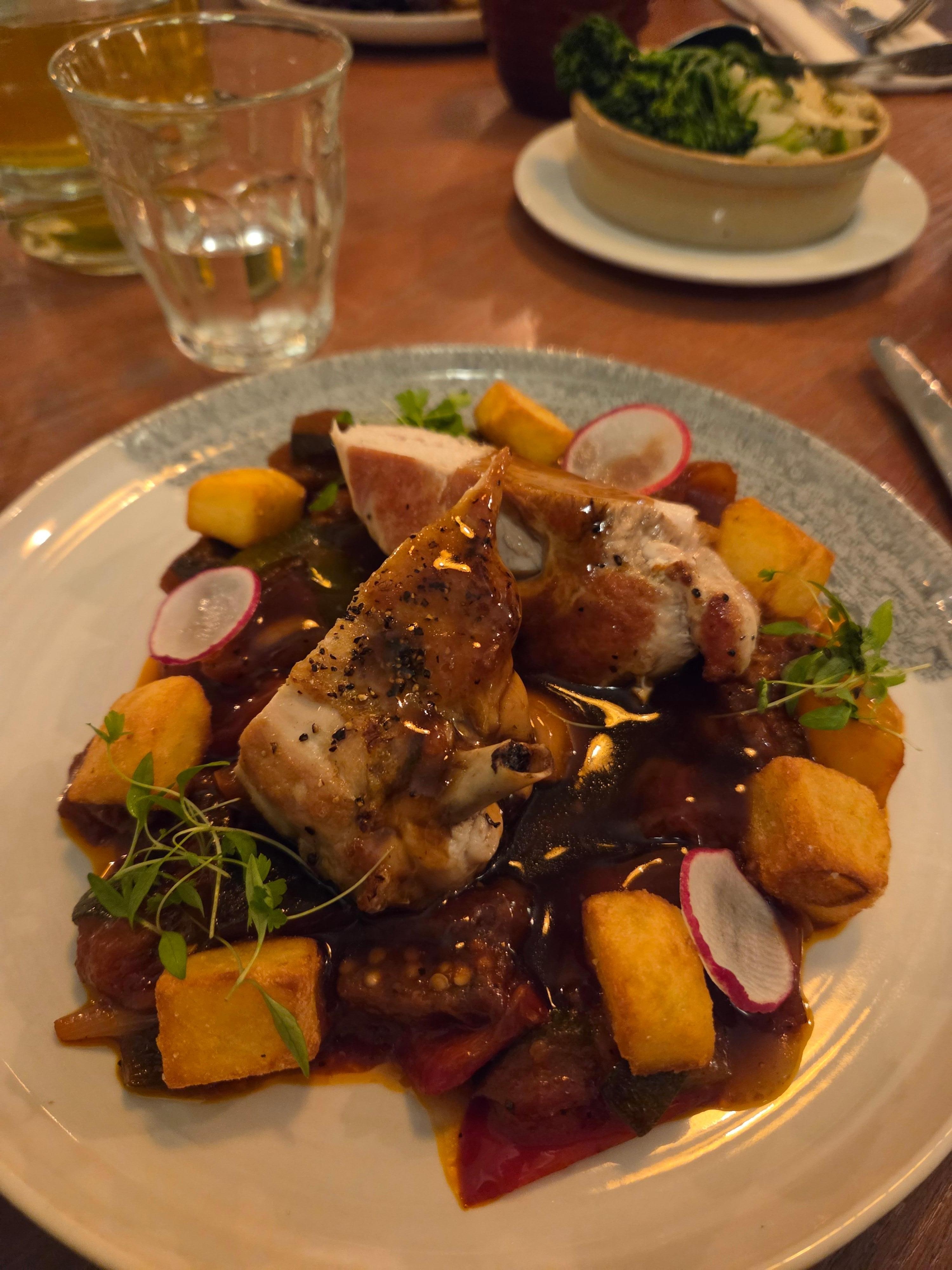Guinea fowl , parenting potatoes and roast vegetable ragu