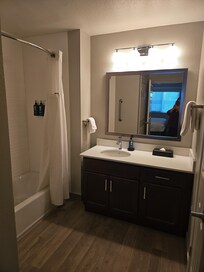 Has a separate toilet which was nice, and a washer and dryer was tucked in a closet in the bathroom.