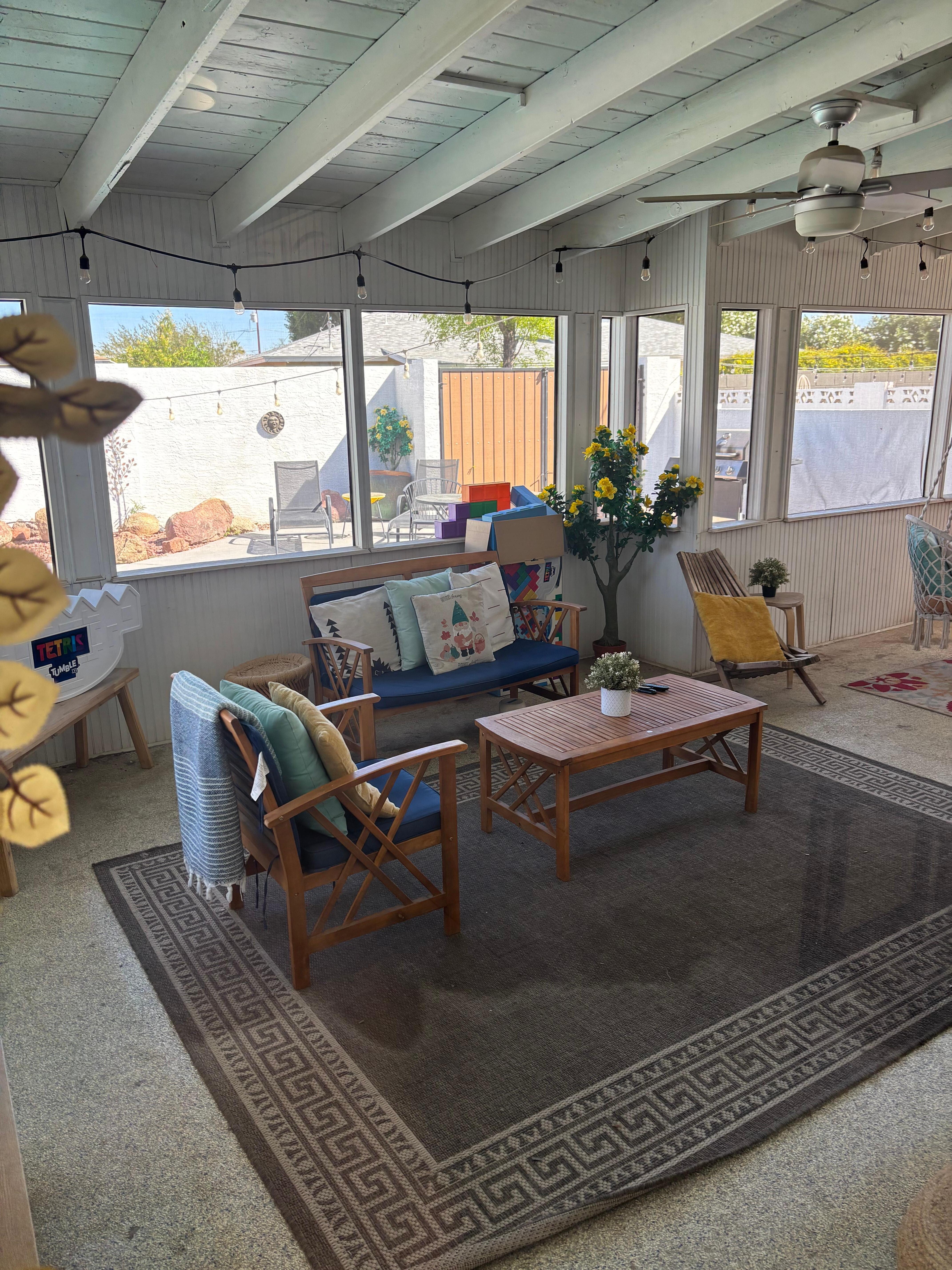 Outdoor patio has life-size tetris