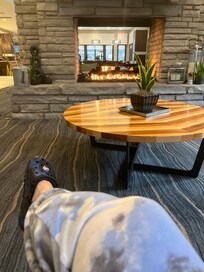 Relaxing in lobby, warming up after cold rainy day...