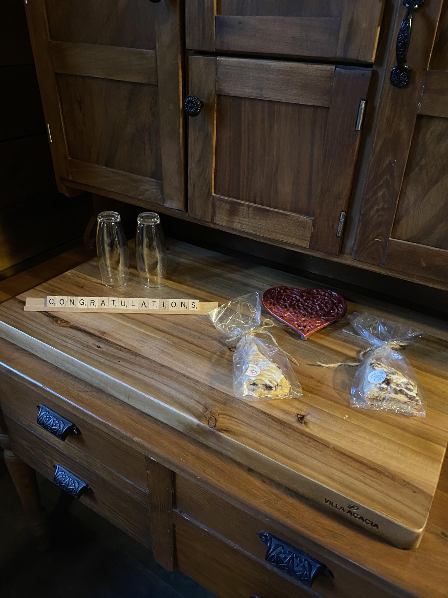 Welcome message and scones in the dining area