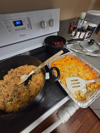 Stove&oven in kitchen. They provide some dish soap, sponge, dishwasher detergent tabs(2-3 tabs)