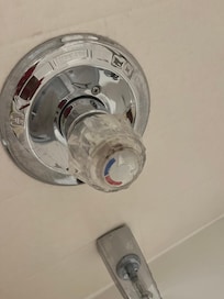 Stained shower handle. Not sure if that’s mold in there.