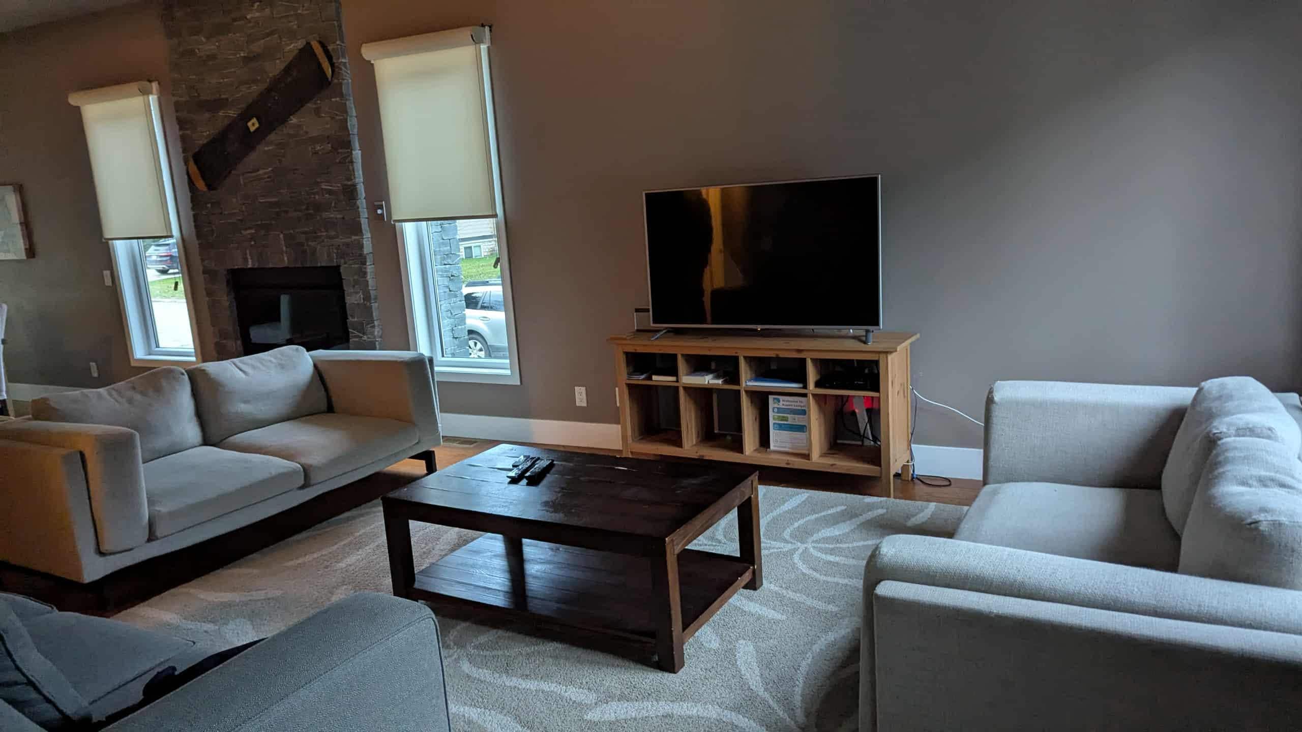 Living room, you can't see one of the couches facing the TV