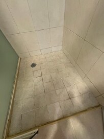 Shower floor with mold, uneven flooring.