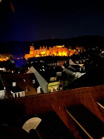 View of castle out our room window at night!