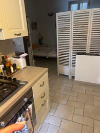 Kitchen leading into living room