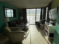 Cozy living room overlooking the beach