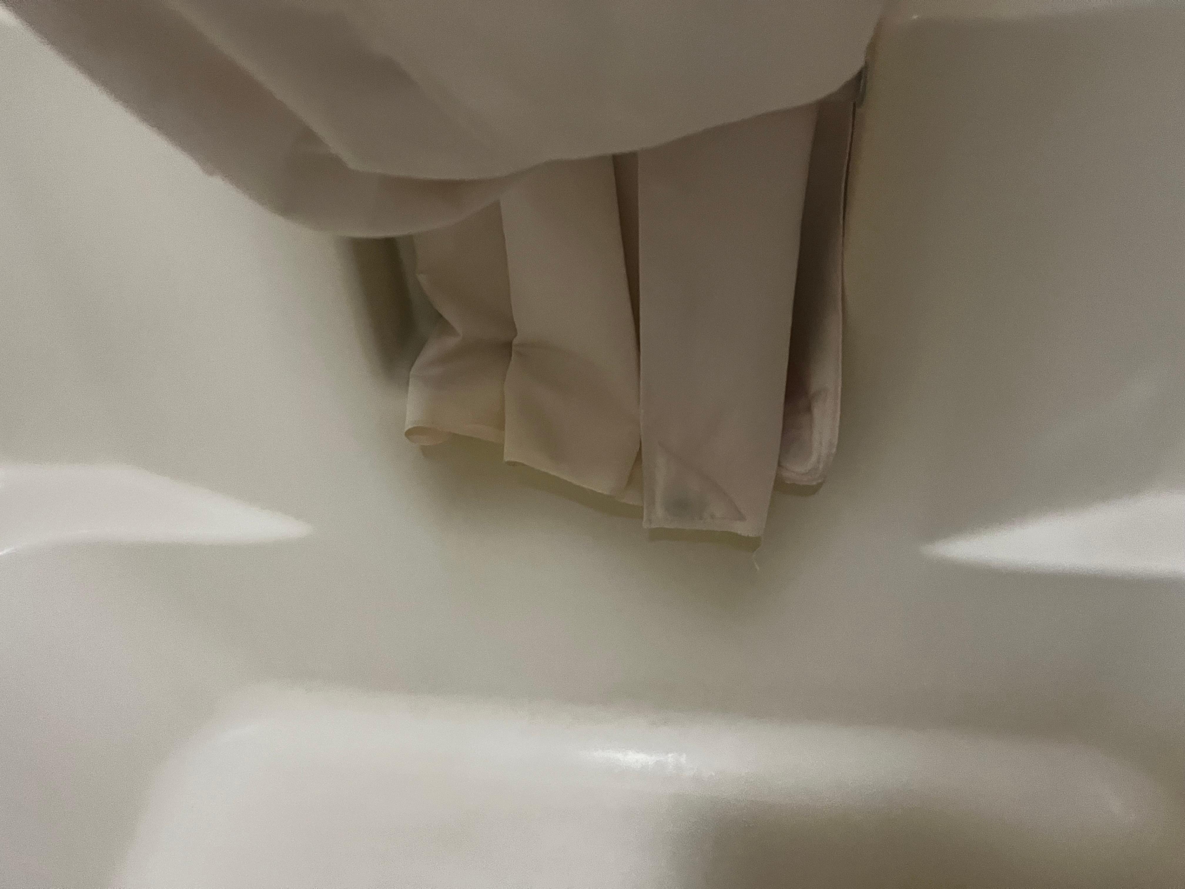 Shower curtain no longer wait it is yellow and stain at the bottom that’s nasty. Looks like they did not wash it.