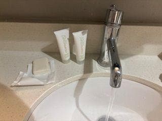 this is the highest water pressure, and the small size of the shampoo, conditioner and one small bar of soap for 5 days; no kleenex!