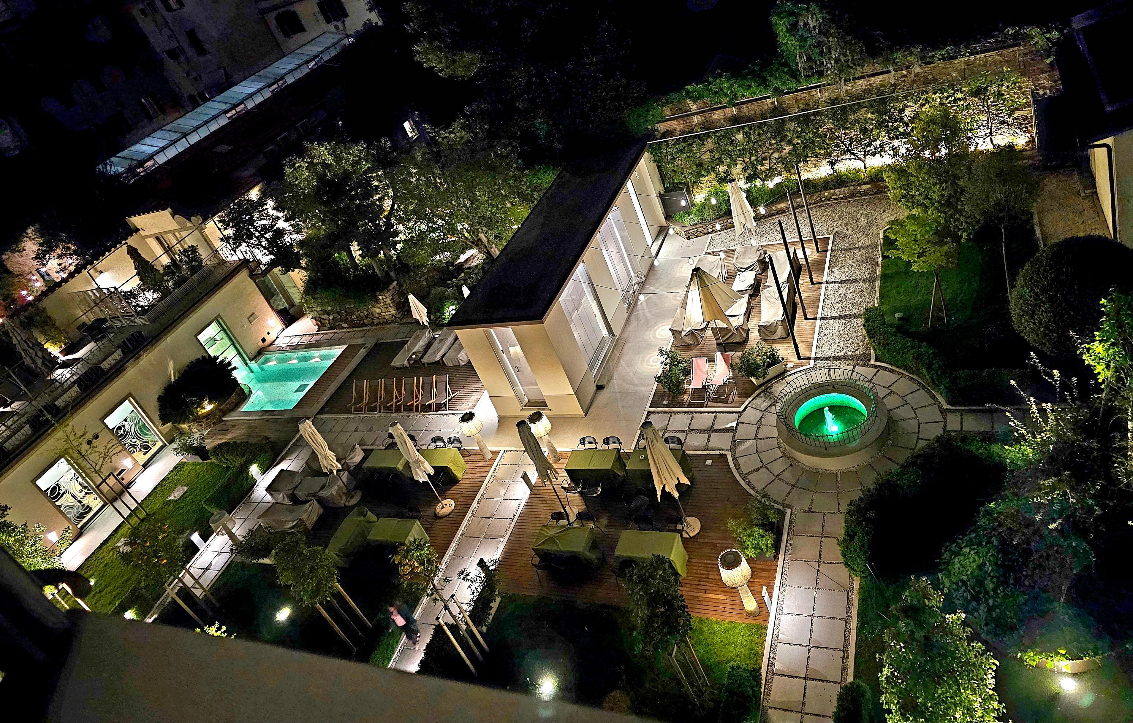 View of hotel gardens at night