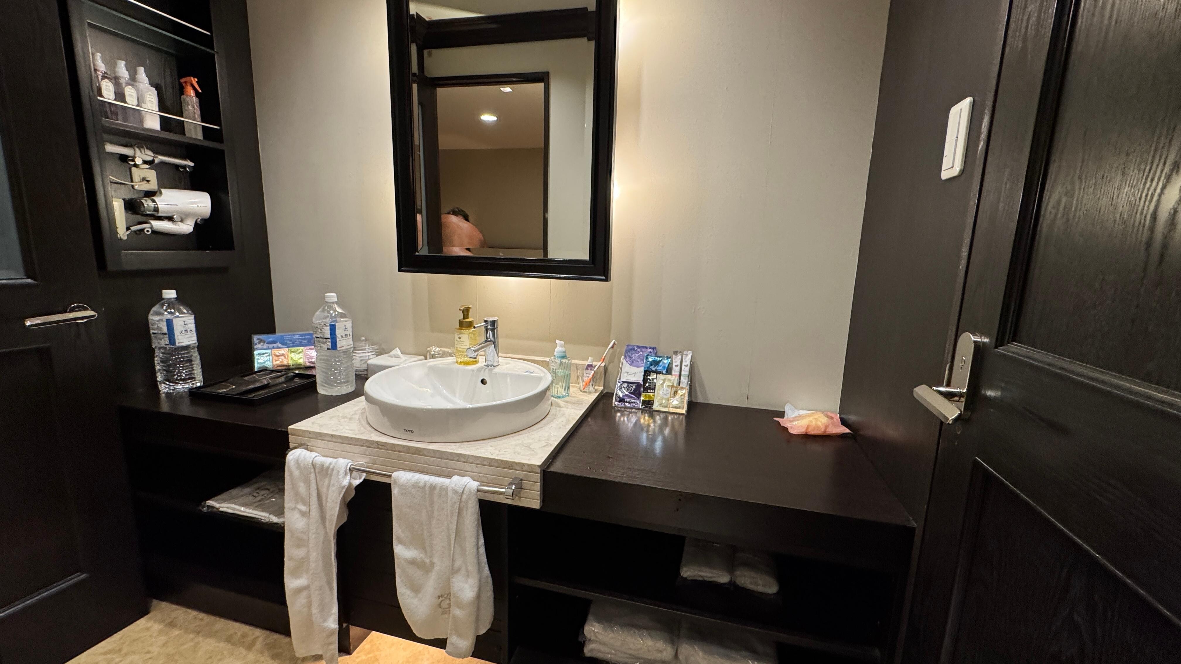 Sink has ample counter space. Many amenities. 