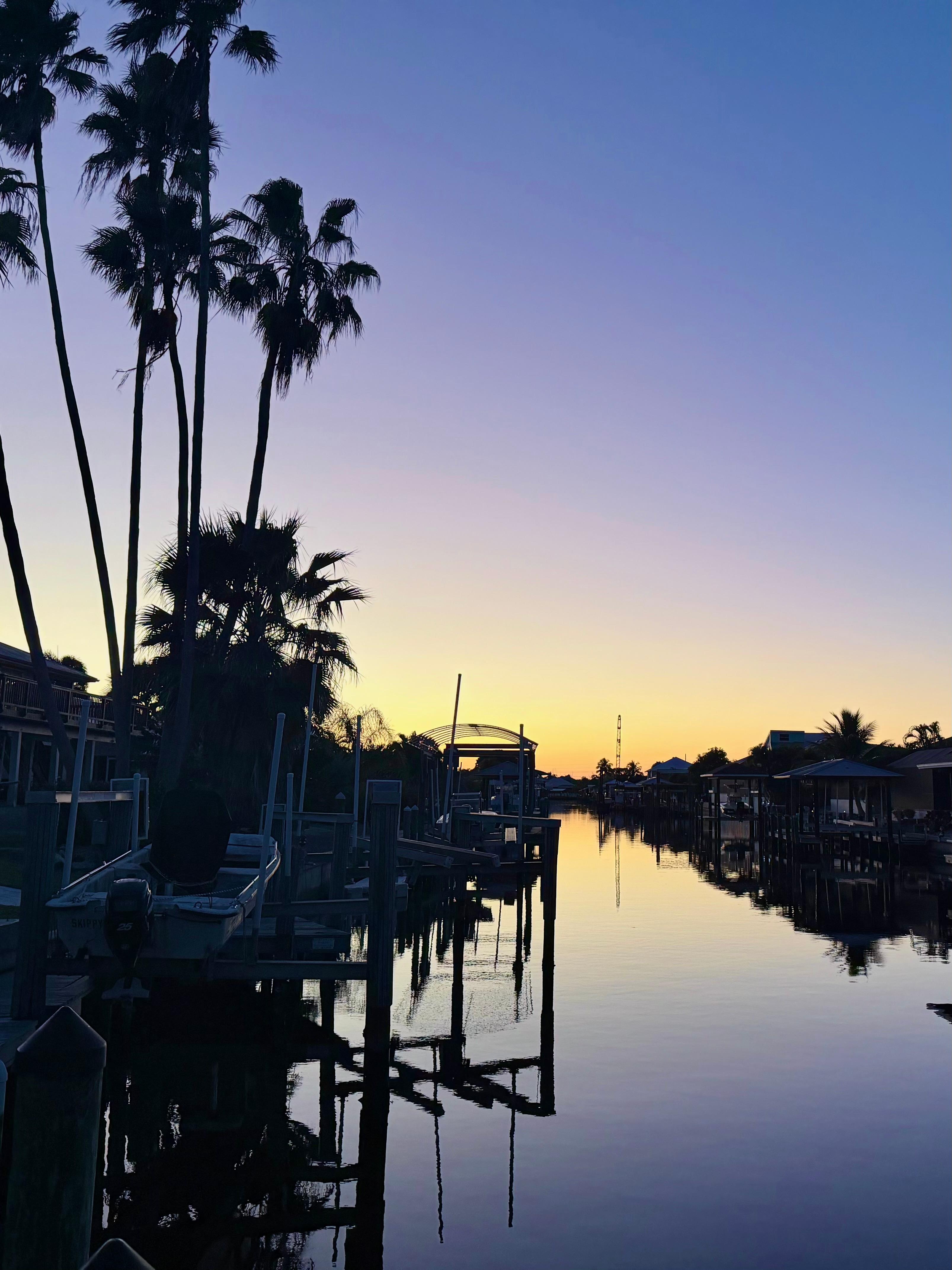 View down the canal at sunset. 