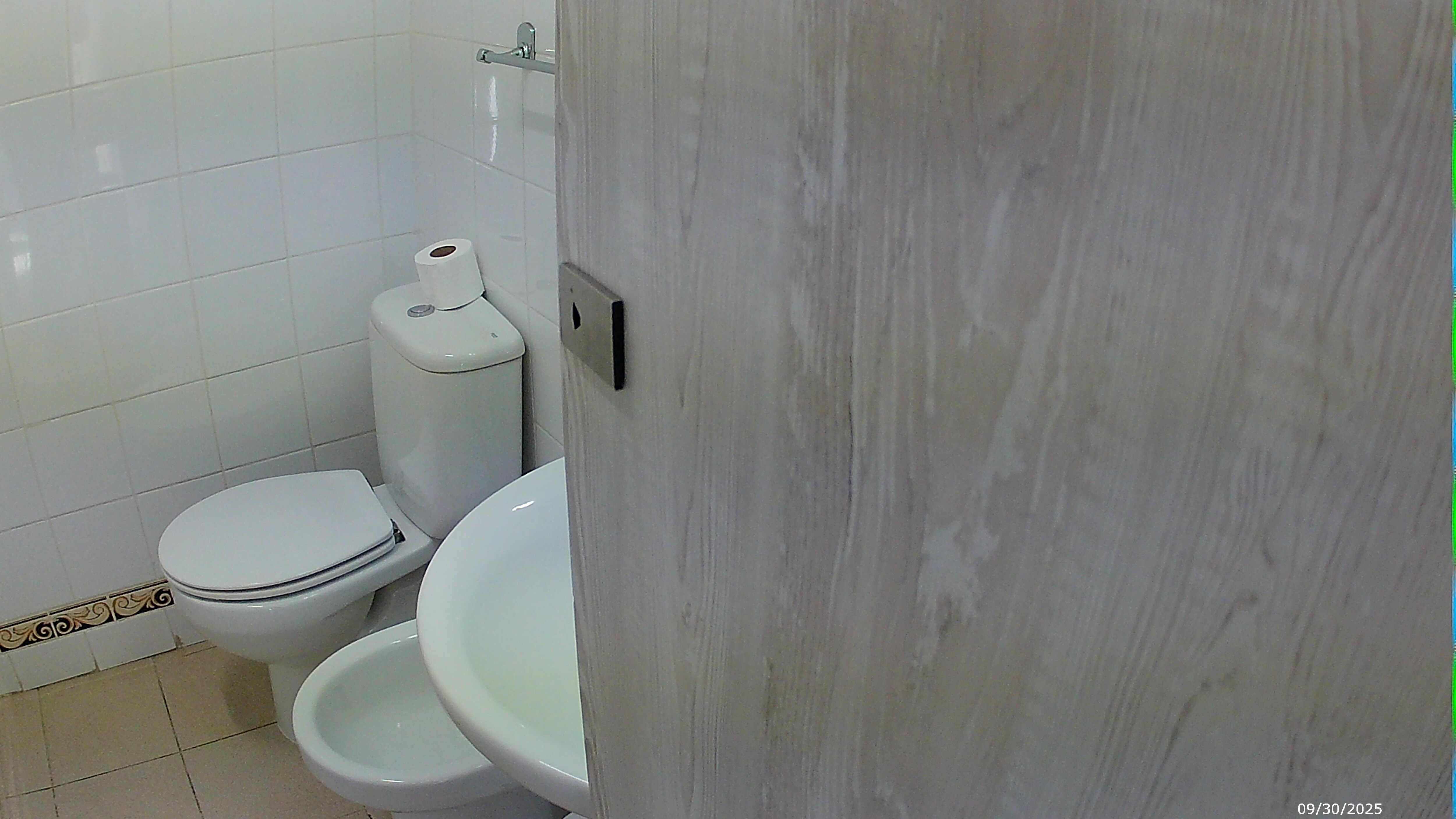 Bathroom door without door handles that opened across the wash basin.