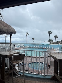 The pool area is big