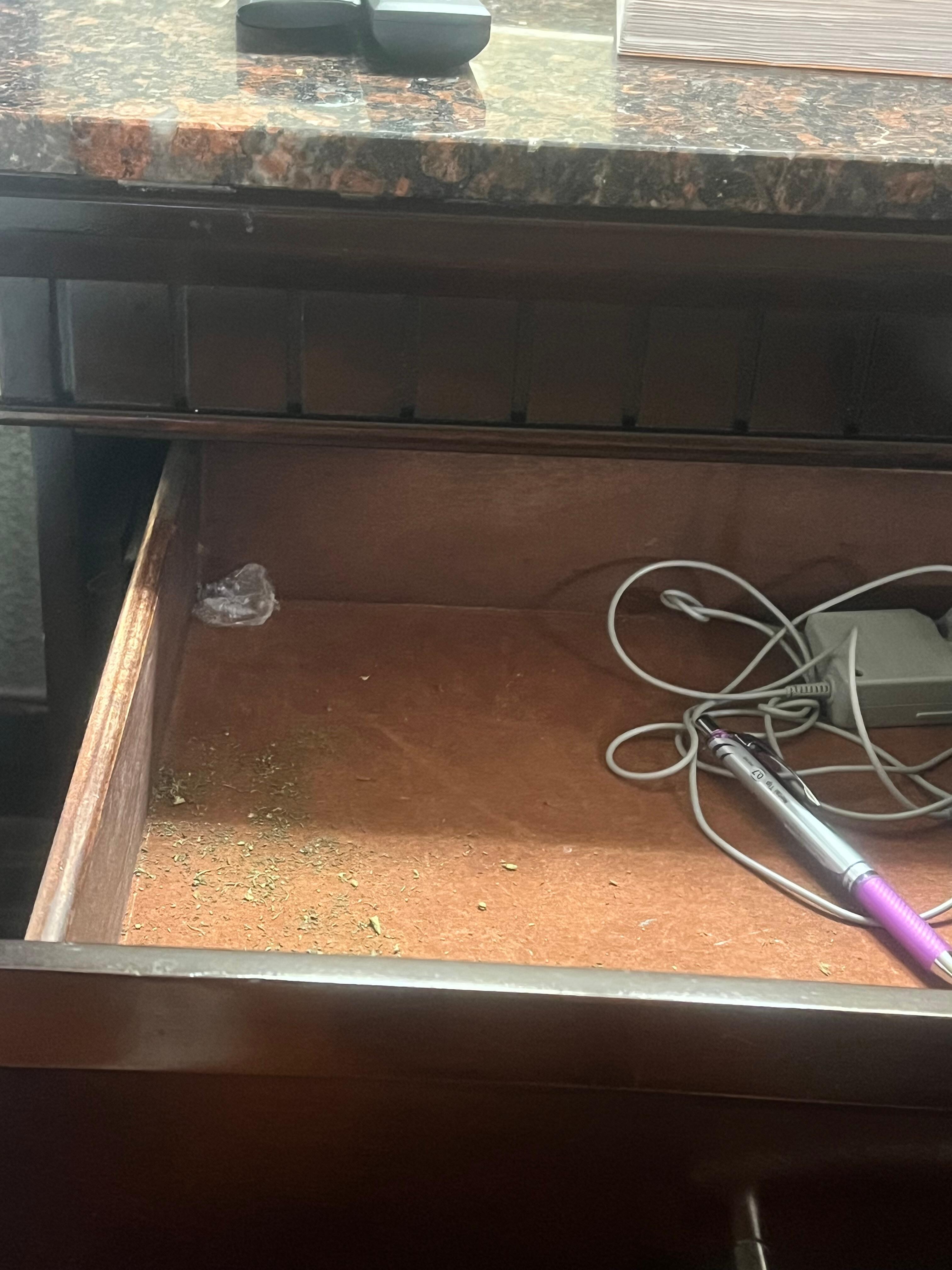 Drugs and paraphernalia found in bedside drawer. 