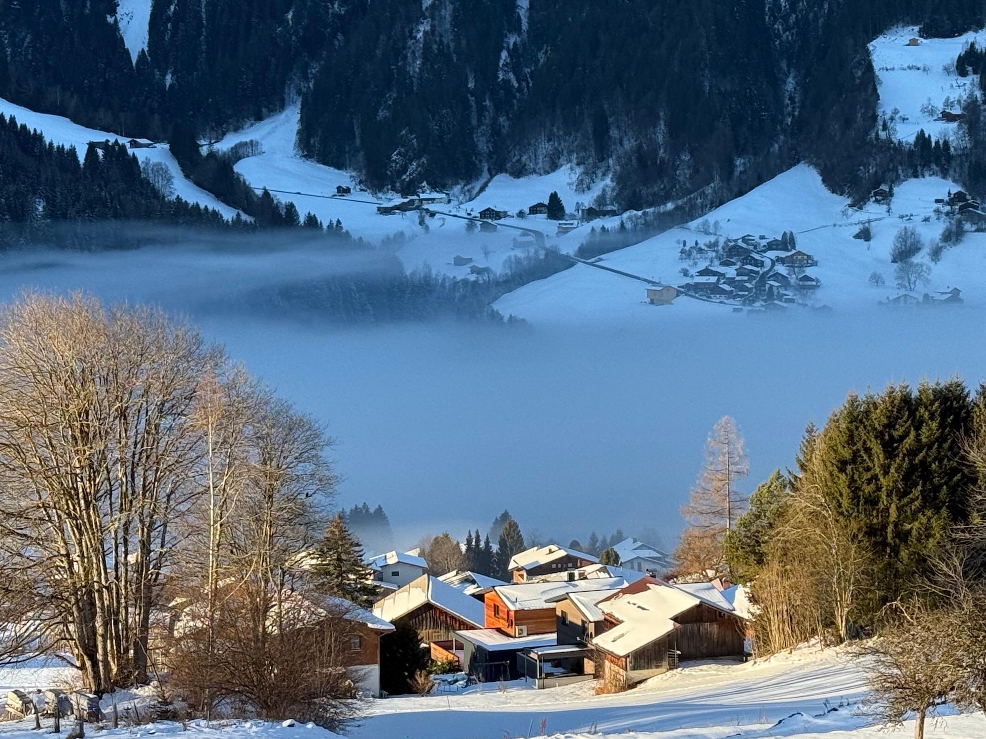 Morning fog over St.Gallenkirch village, View from Tanafreida apartments