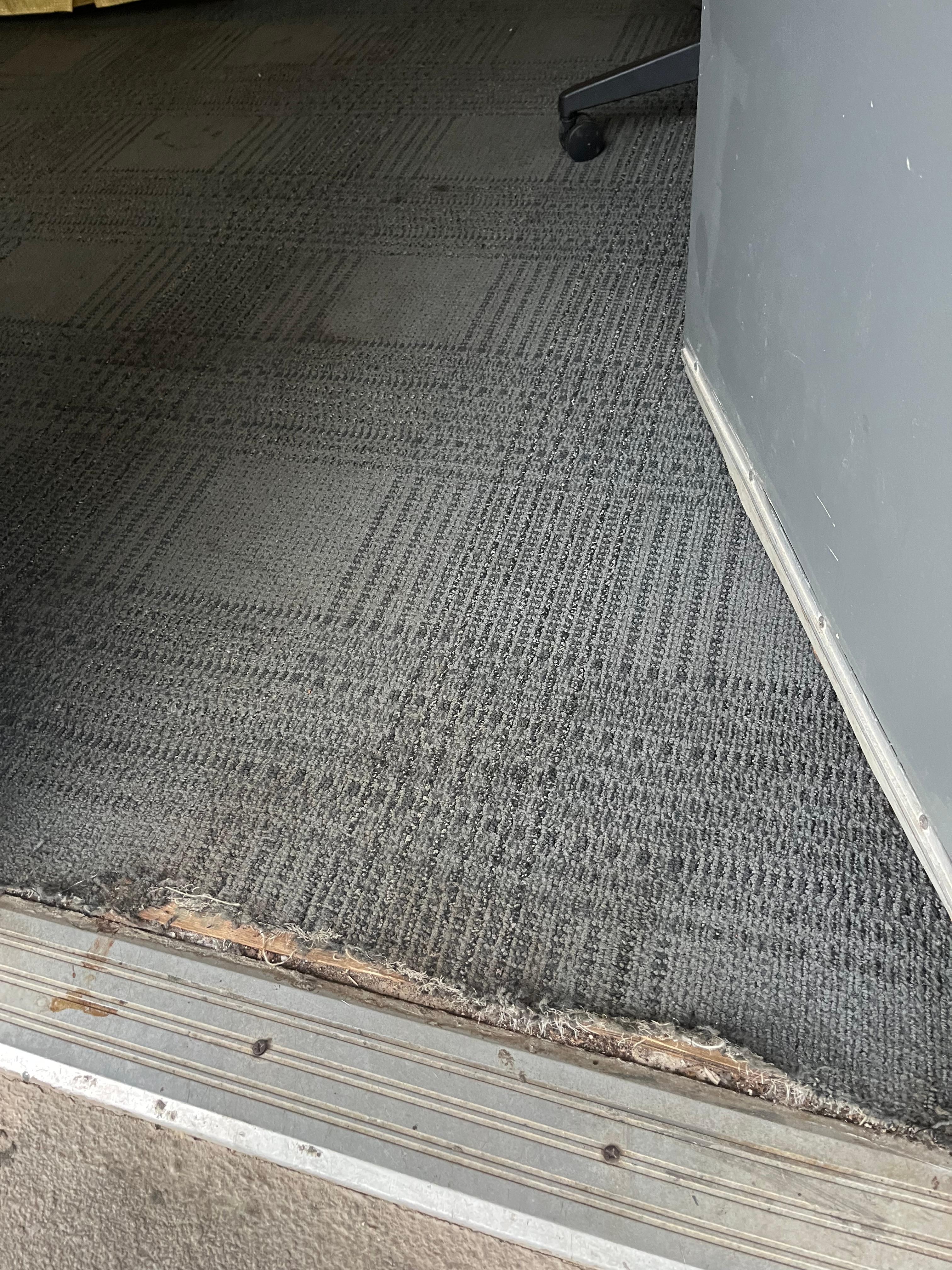 Carpet strip with exposed tacks. 