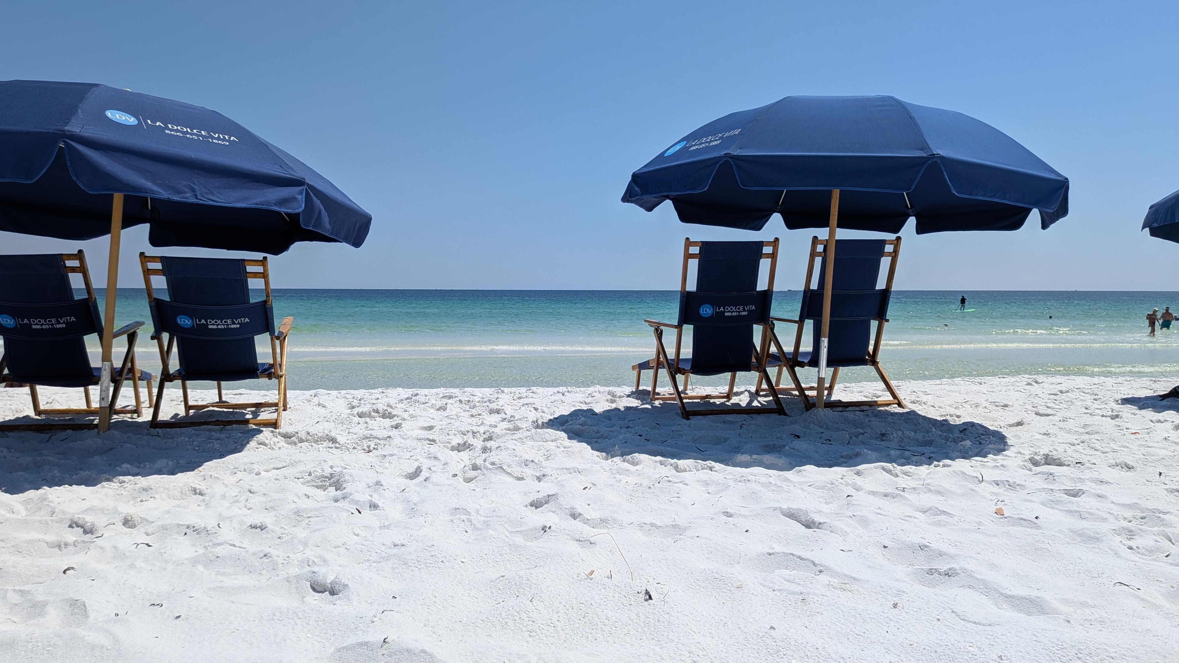 Beach umbrellas and chairs for rent, personal setup behind
