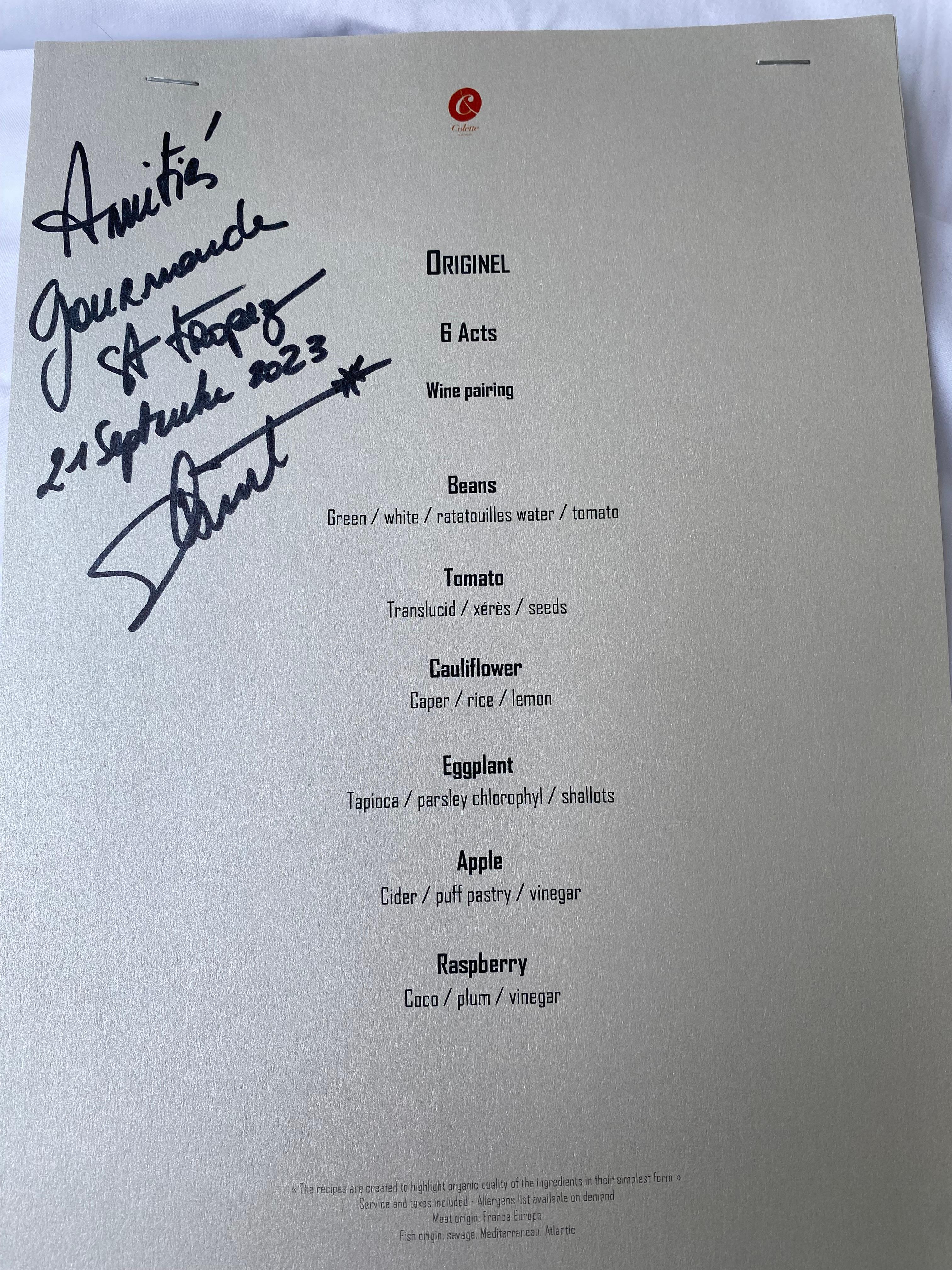 Signed menu from the chief