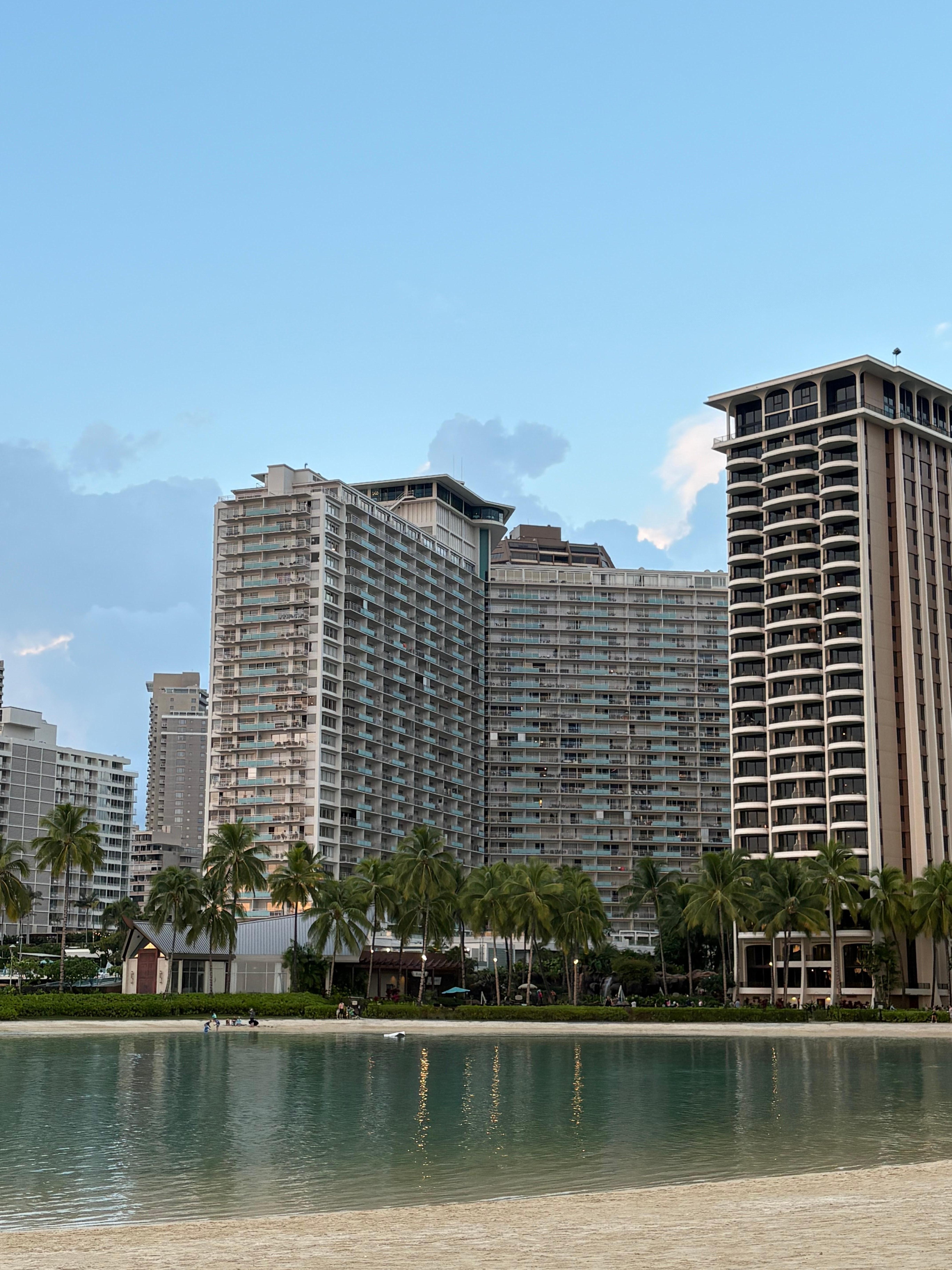 Ilikai is on left. View from beach over the lagoon. 