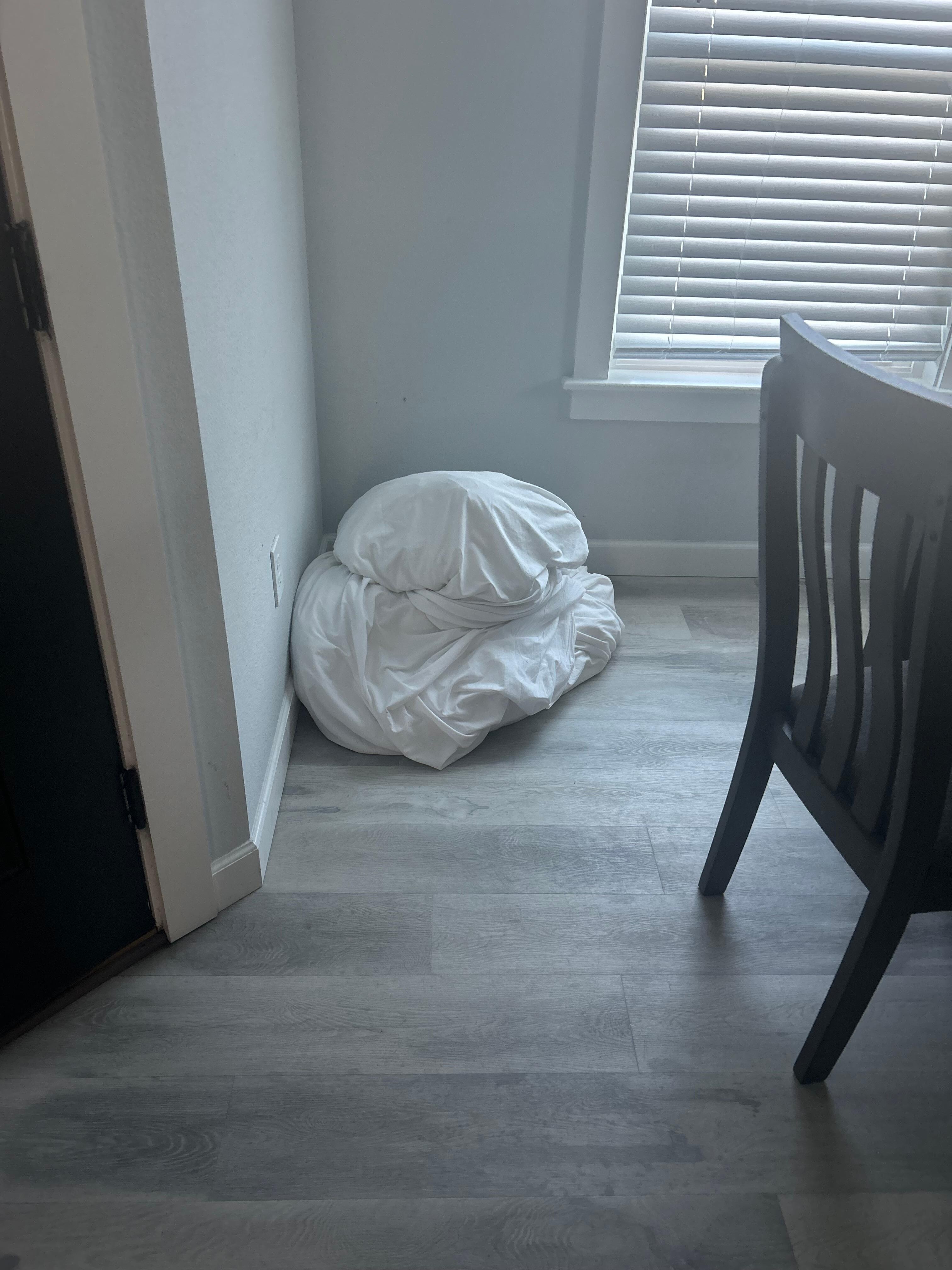 Dirty bedding in dining area.
