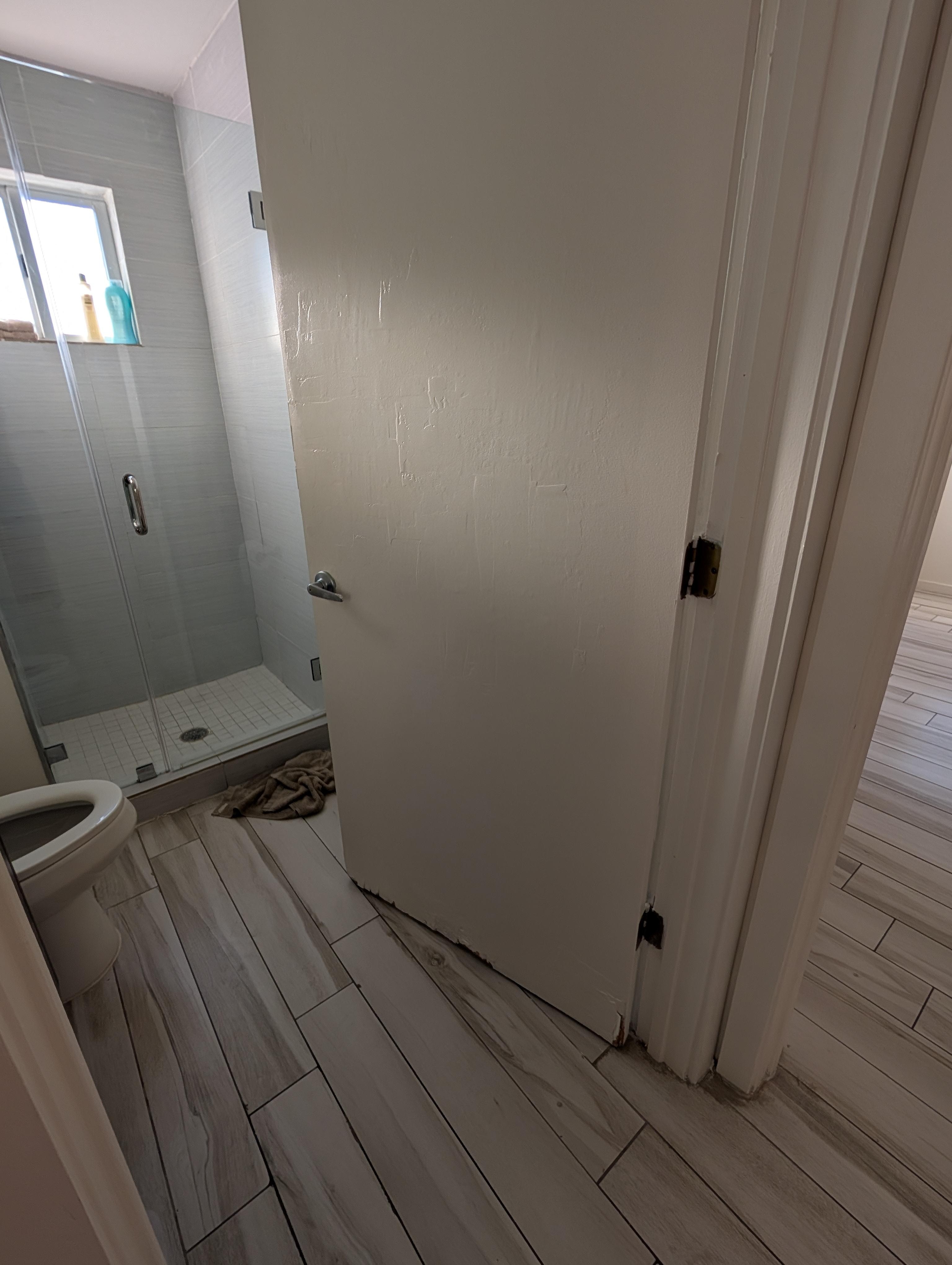 One of the doors (but both doors were the same). A broken door that has been attempted to be repaired. Zoom in to see that this is clearly a smashed door that has been plastered over very poorly.