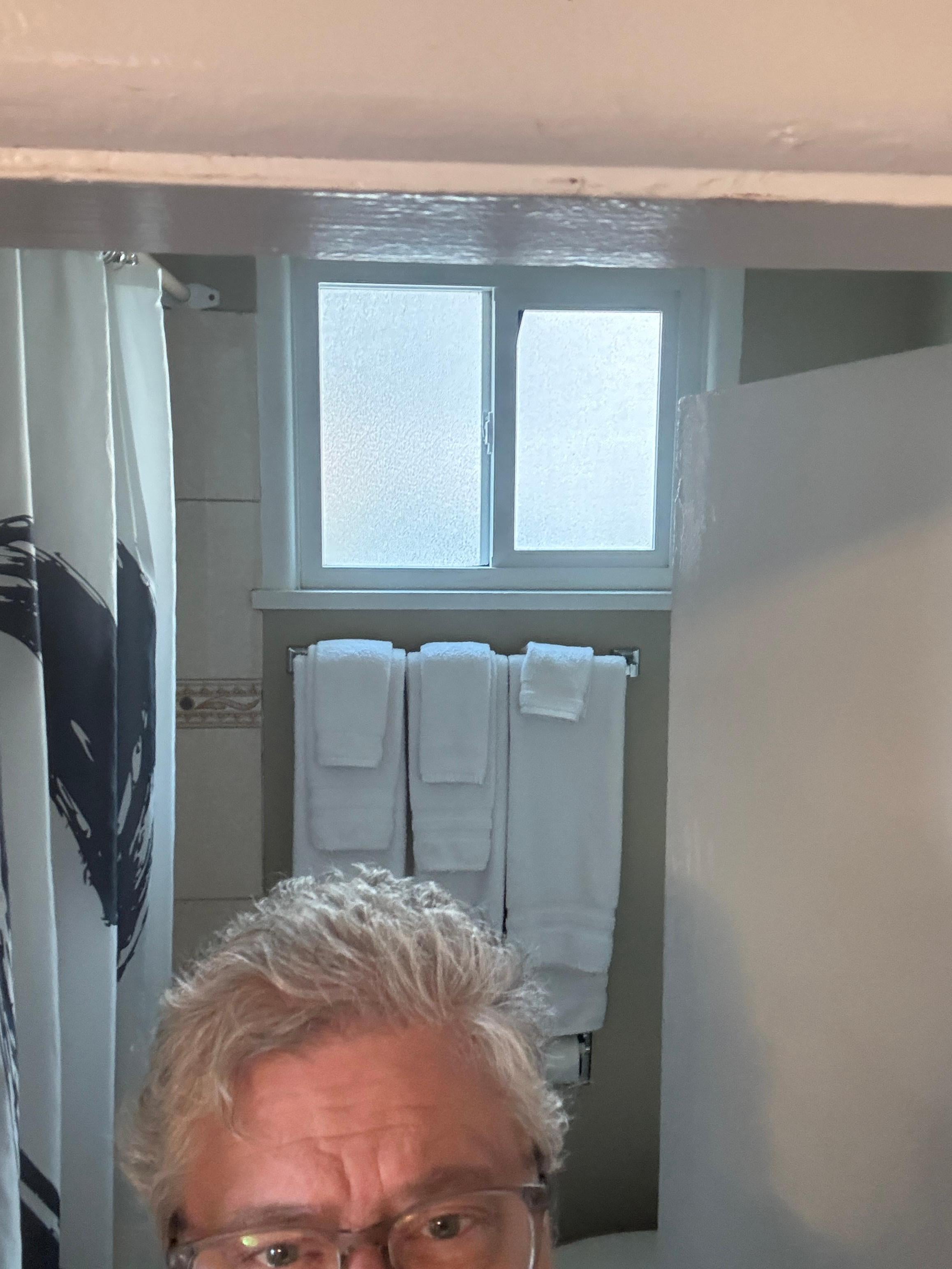 Door to bathroom no good for any tall person.