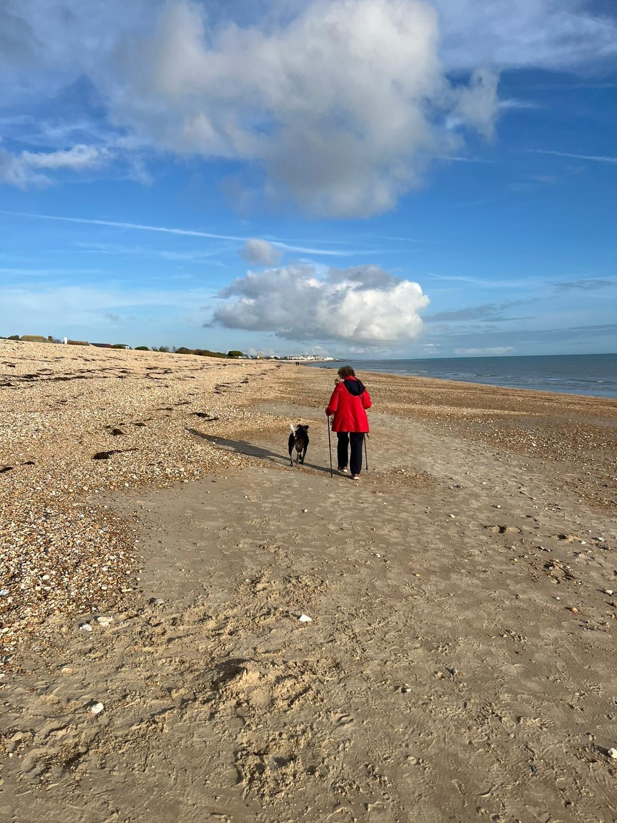 Nanna and the dog on the beach behind the house 