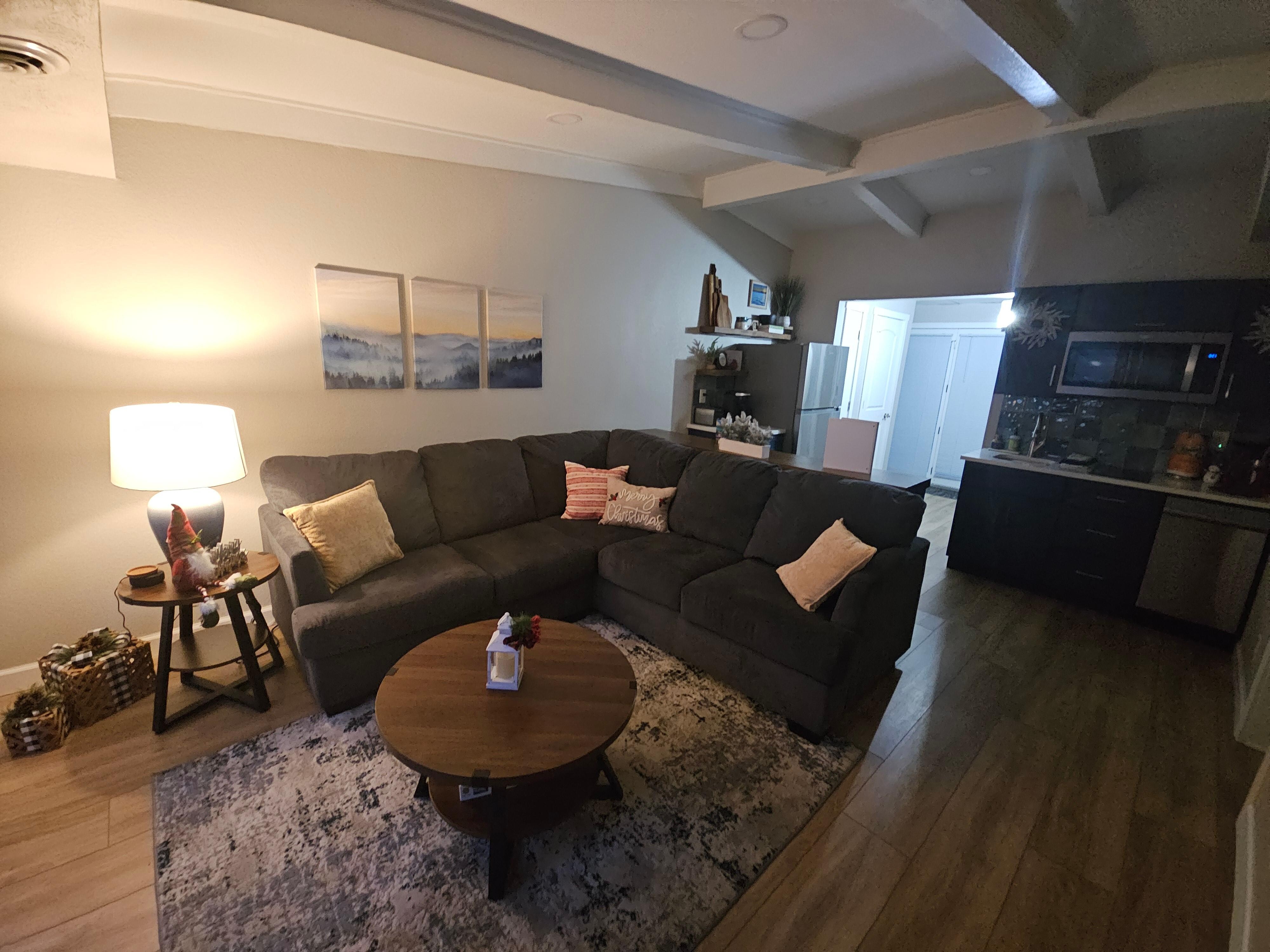 Living room, kitchenette has 2 burner cook top, full size refrigerator, microwave, coffee maker, and 2 other appliances that I didnt use.