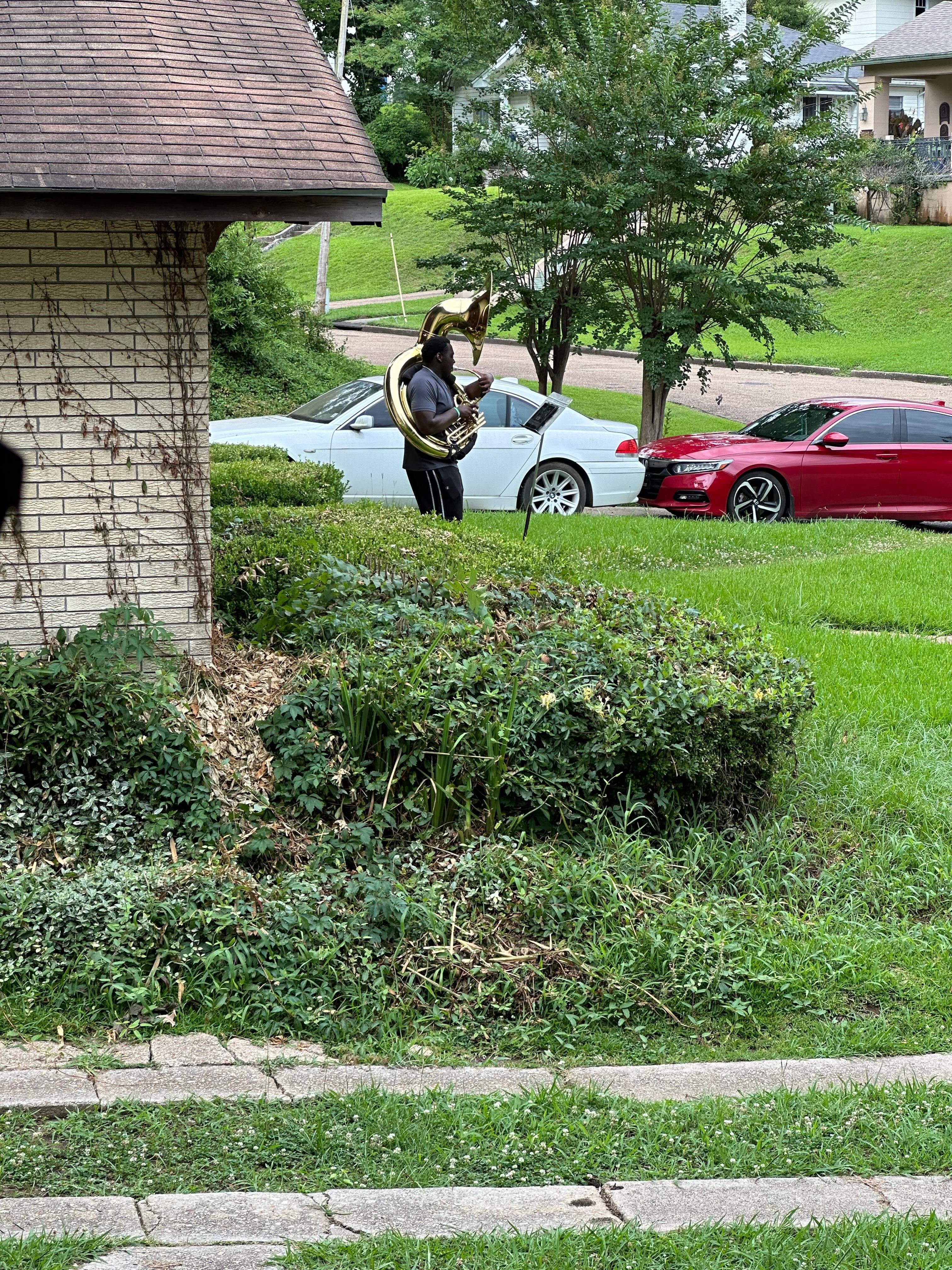 The neighbor practiced his sousaphone one afternoon and it was so fun to hear!