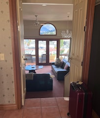 View from the entry, lake is framed in the half circle window.