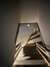 Steps leading down to basement. Not well-lit and the railing is loose.