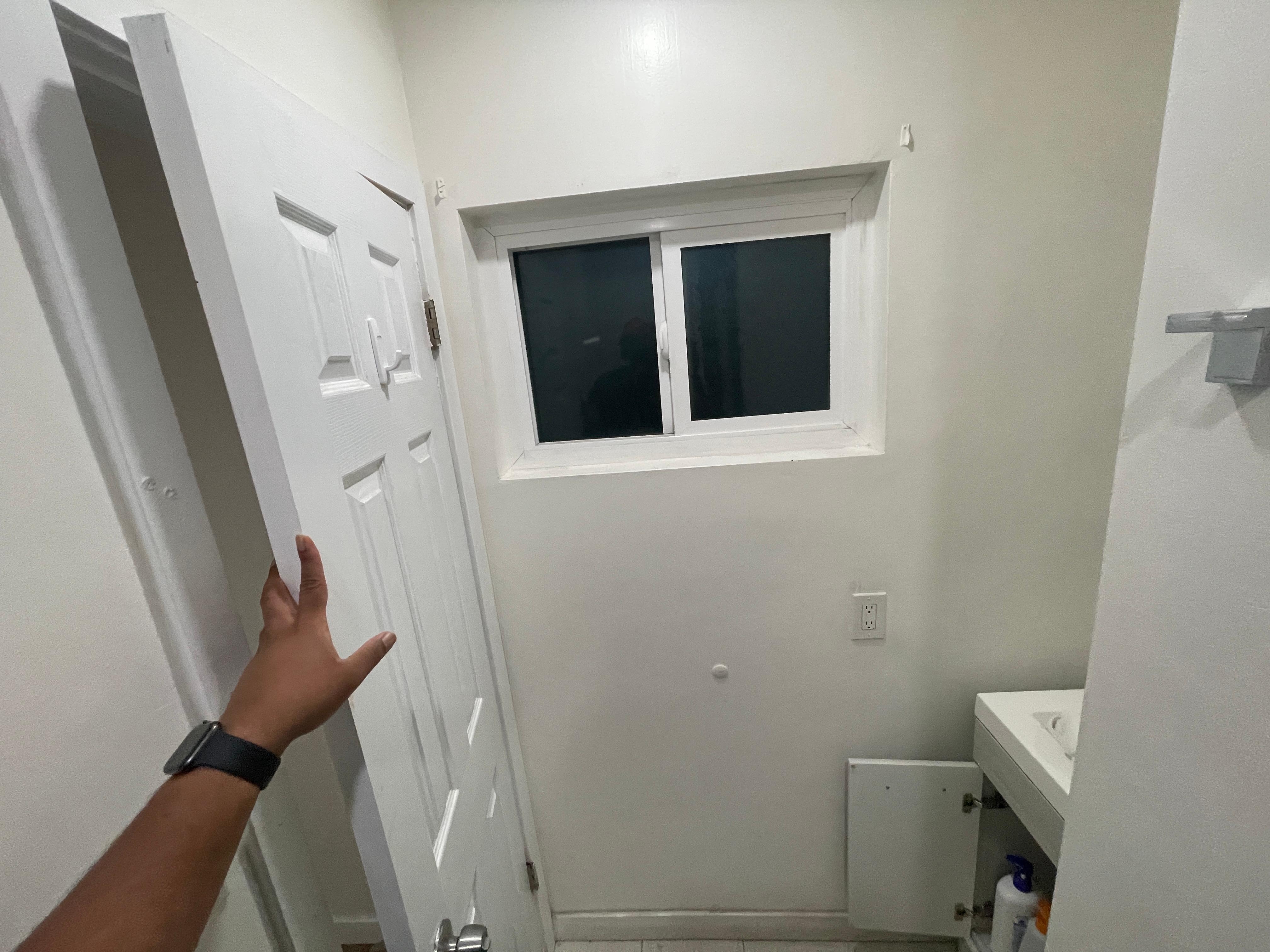 The bathroom door swings into the sink area, which can be tight. But not an issue.