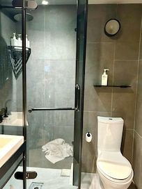 Bathroom felt new and clean. Shower a little small, but serviceable.
Best soaps and lotion I've ever had in a hotel!