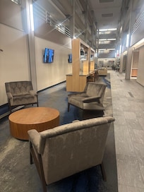 Seating area across breakfast buffet