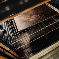 Dirty pan with salt all over it in the oven