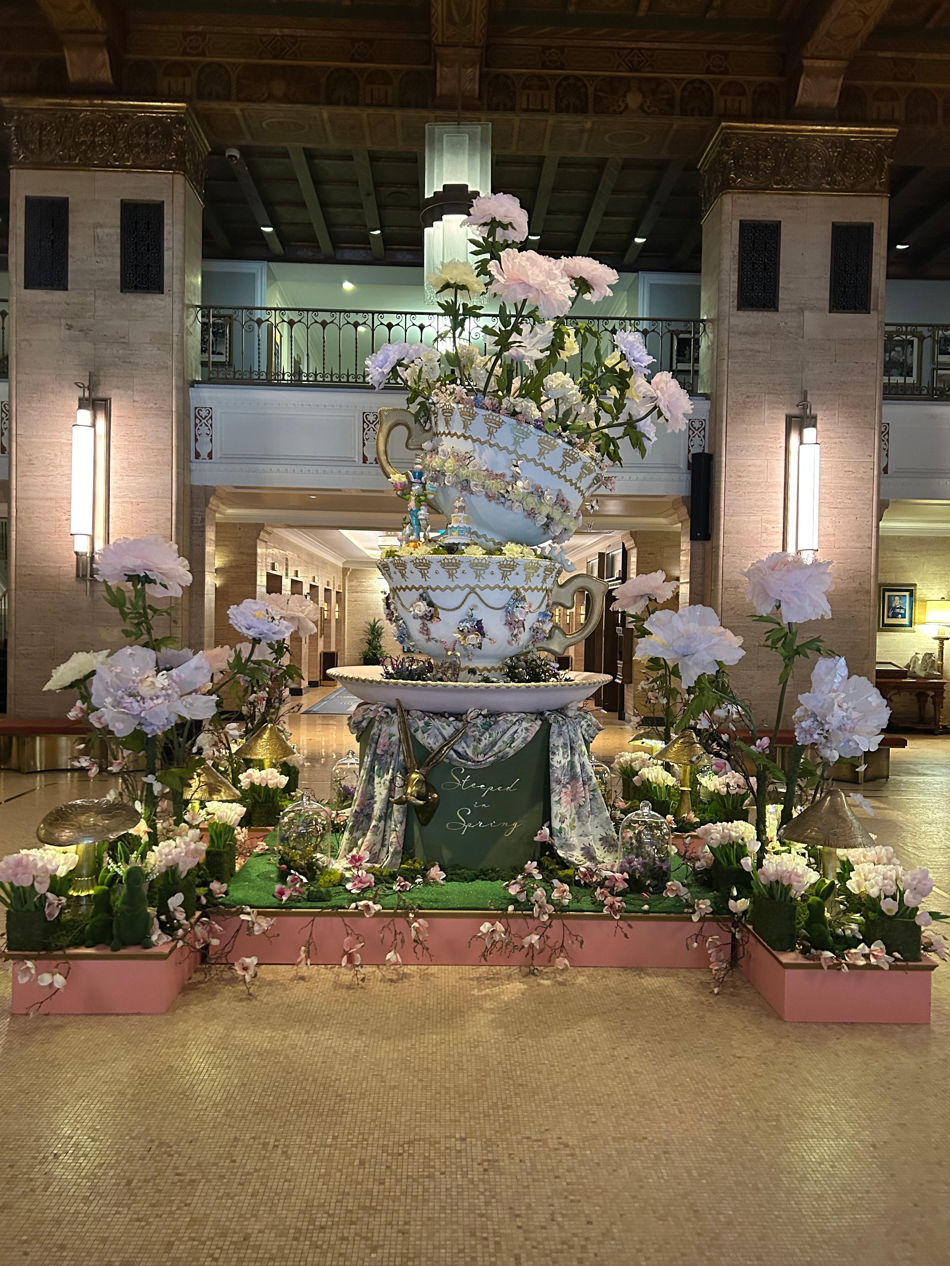 Lobby decorated for spring. Flower petals actually open and close.