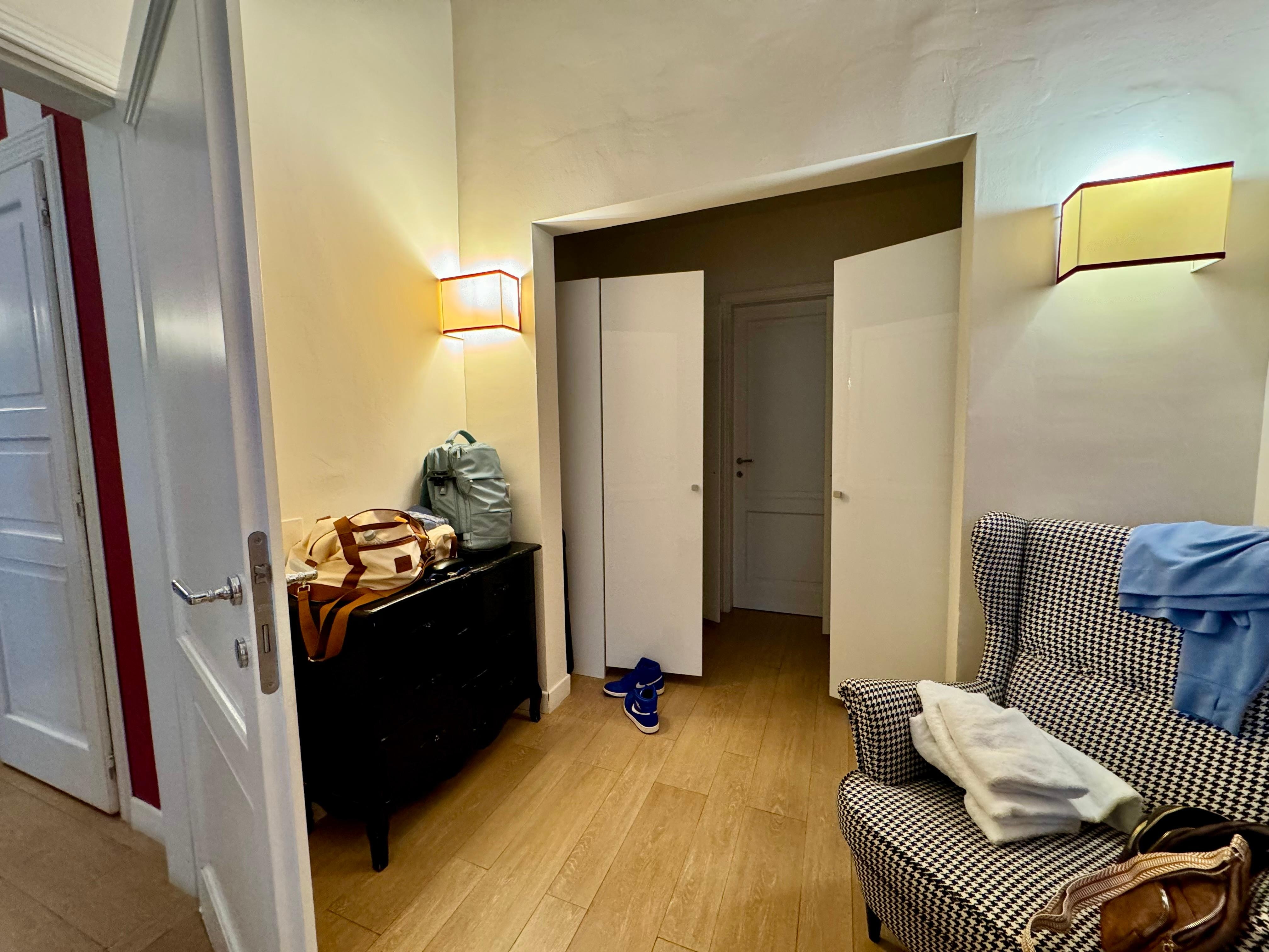 Spacious room, plenty of storage and full bath just beyond those closet doors. 