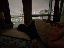 Laying in bed, you're looking over the city! There is also a balcony just big enough to stand on and look at the views!