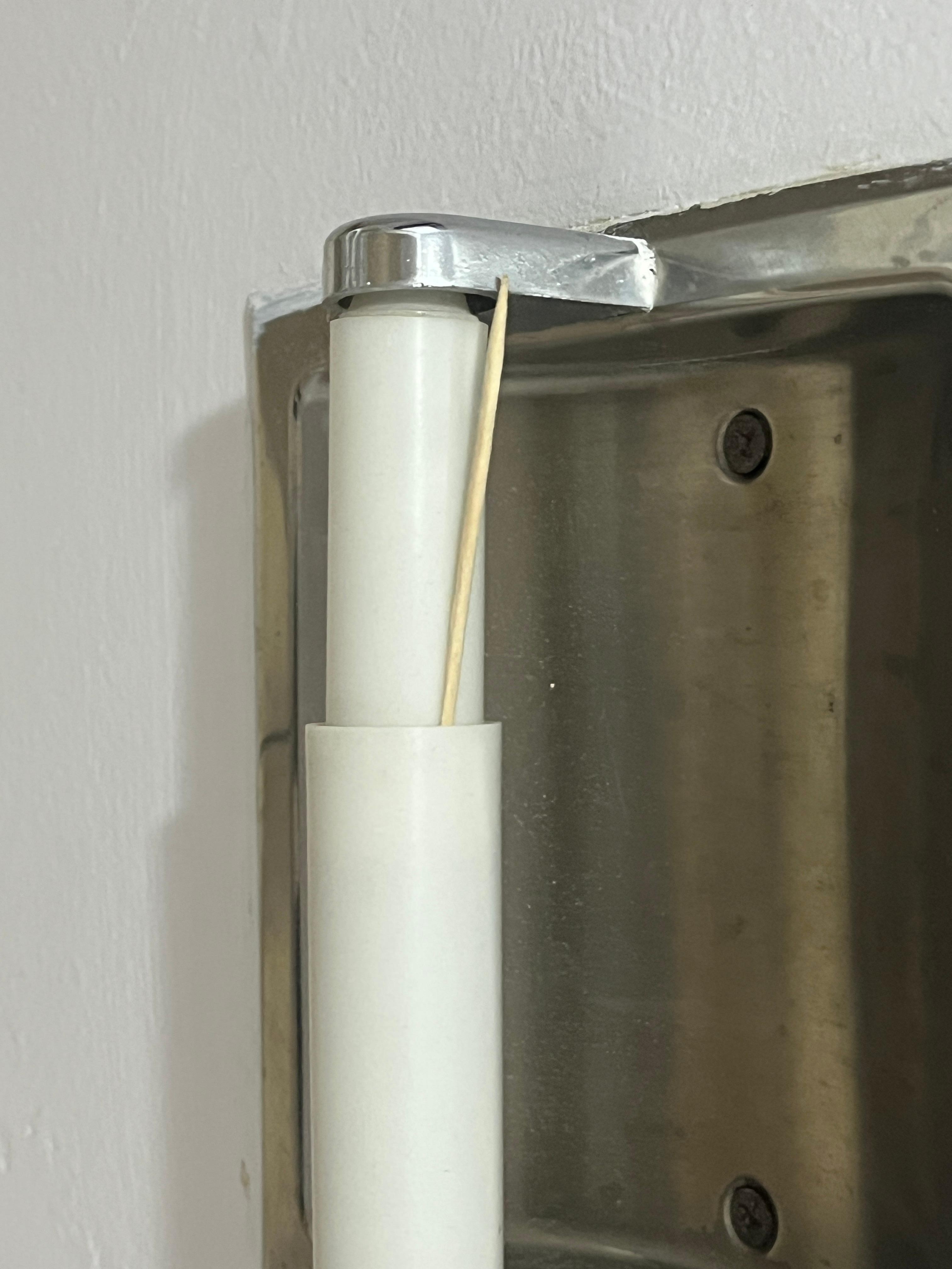 Toothpick laying on the toilet paper holder