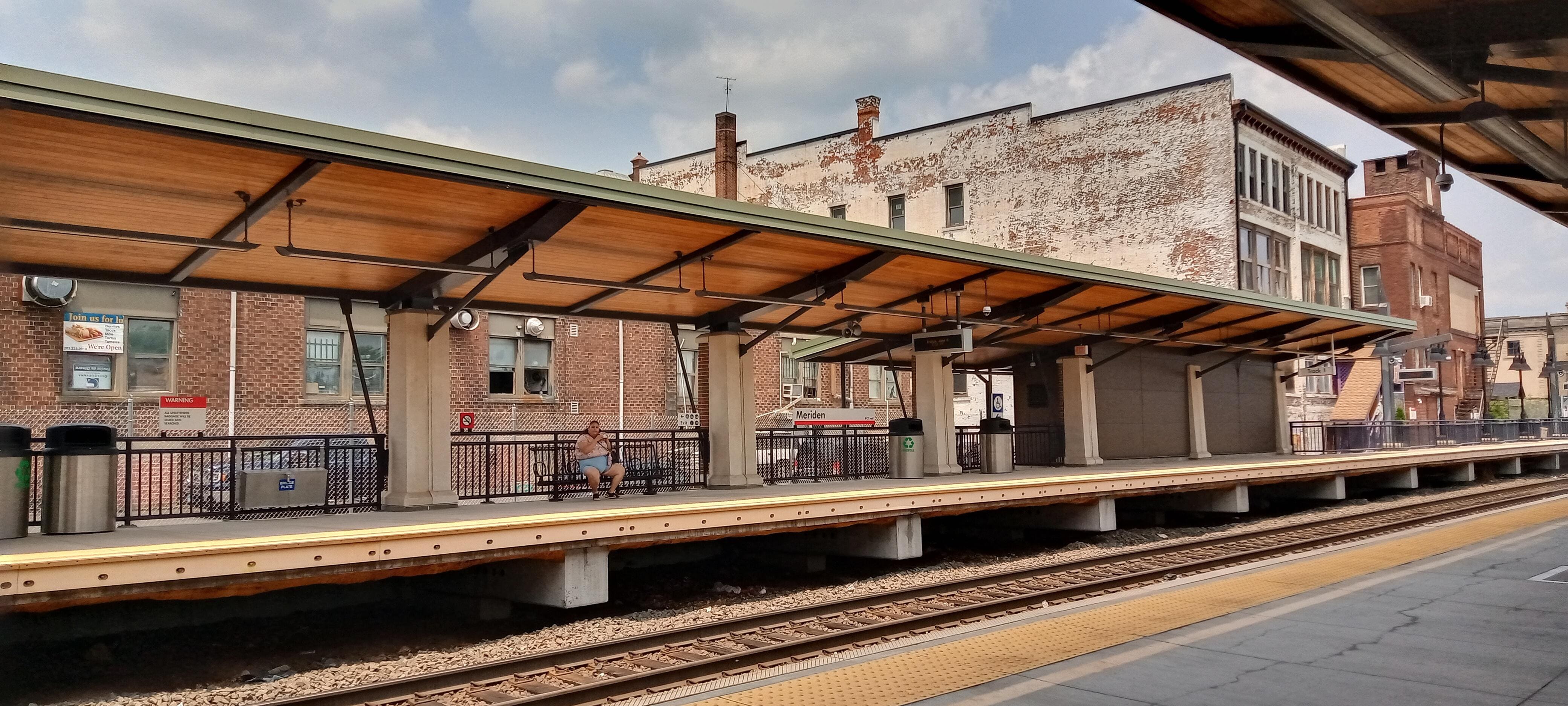 Meriden Train station. You can also catch buses outside, including one to the motel if you like.