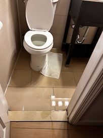 Completely flooded bathroom upon waking up to noise at 6am.